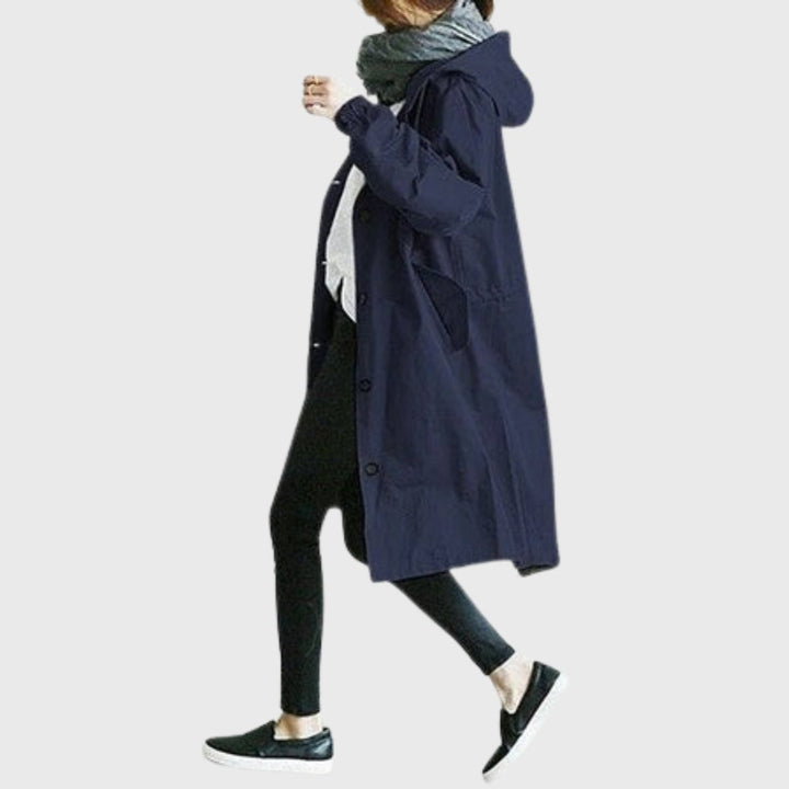Women's Oversized Hooded Water-Repellent Midi Trench Coat - Blue