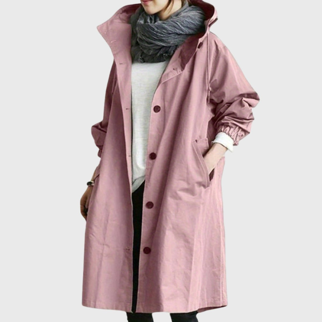 Women's Oversized Hooded Water-Repellent Midi Trench Coat - Pink
