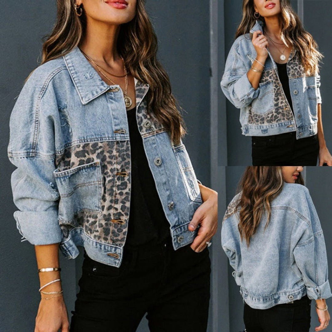 Women's Oversized Leopard Panel Button-Up Denim Jacket
