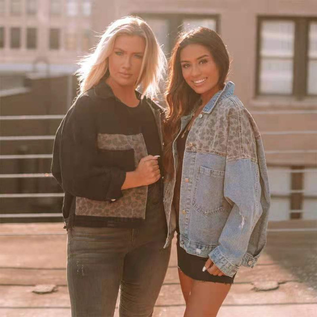 Women's Oversized Leopard Panel Button-Up Denim Jacket