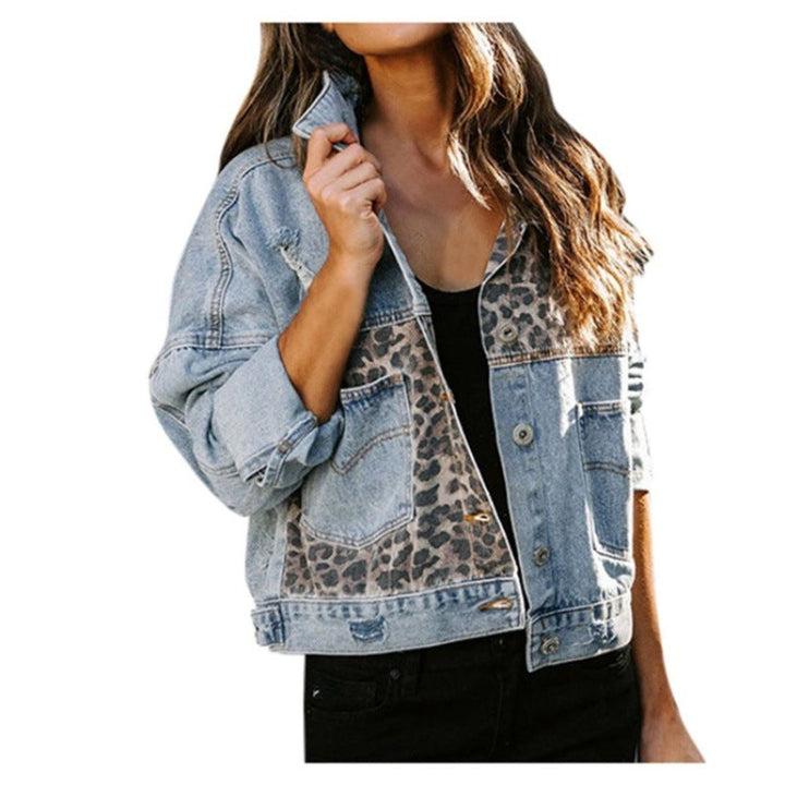 Women's Oversized Leopard Panel Button-Up Denim Jacket
