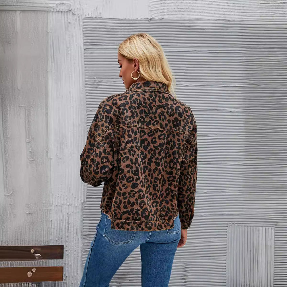 Women's Oversized Leopard Print Button-Up Denim Jacket