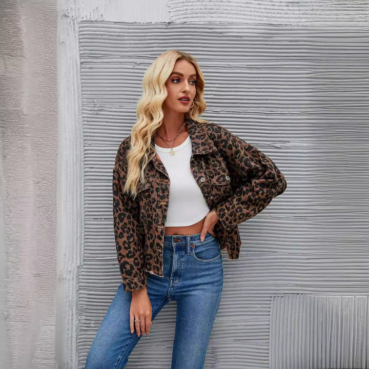 Women's Oversized Leopard Print Button-Up Denim Jacket