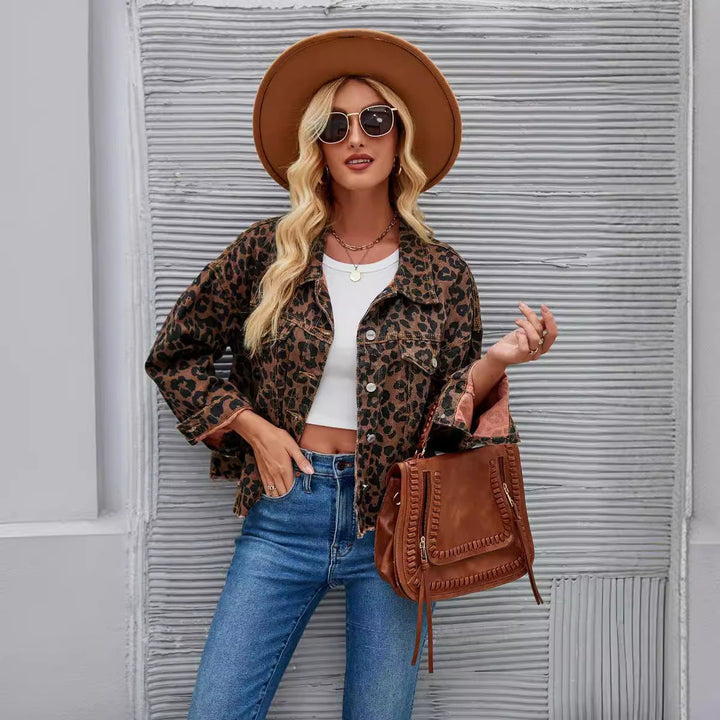 Women's Oversized Leopard Print Button-Up Denim Jacket