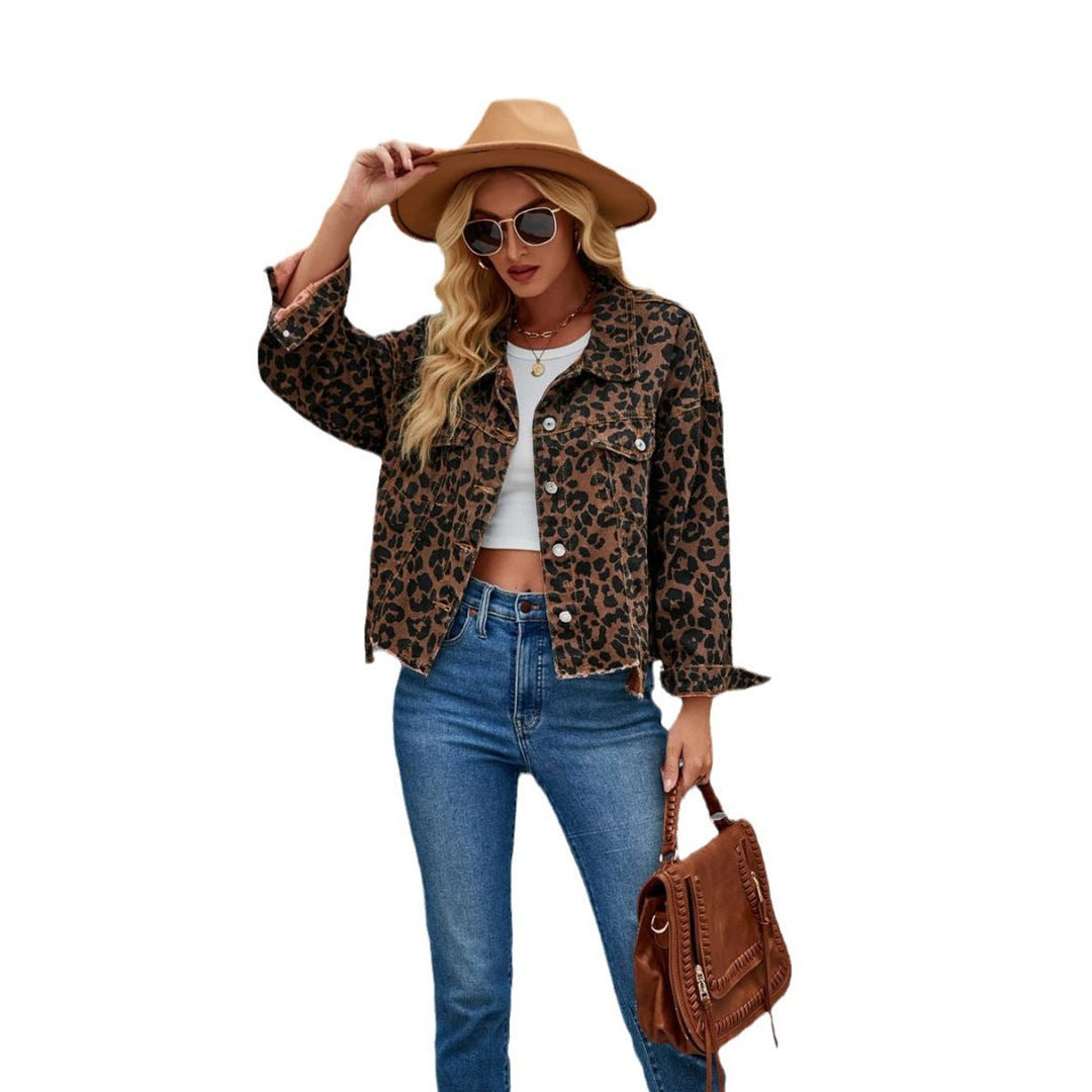 Women's Oversized Leopard Print Button-Up Denim Jacket