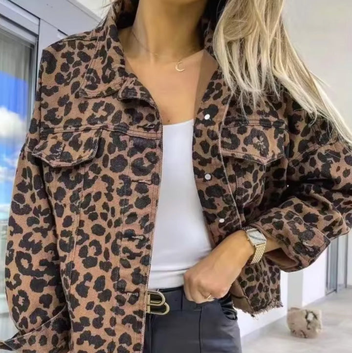 Women's Oversized Leopard Print Frayed-Hem Denim Jacket