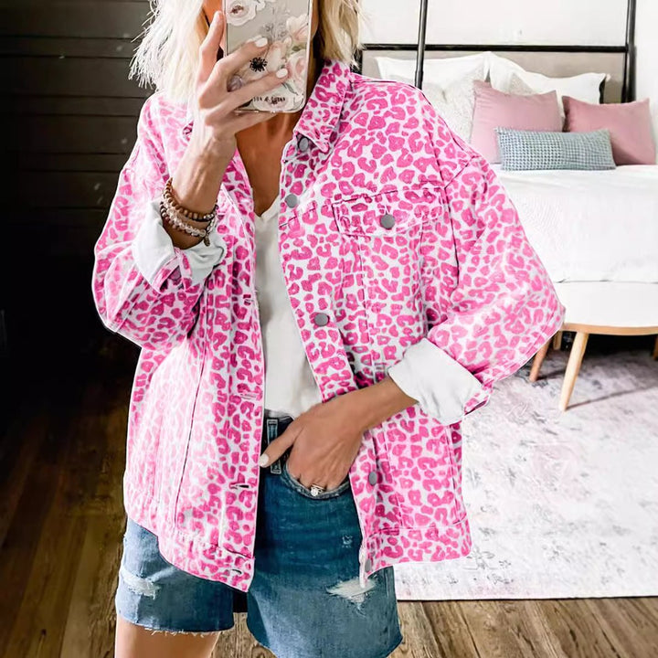 Women's Oversized Leopard Print Snap-Button Denim Jacket