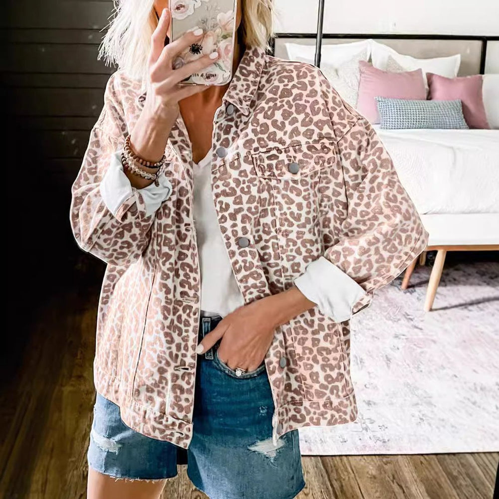 Women's Oversized Leopard Print Snap-Button Denim Jacket