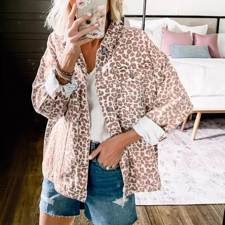 Women's Oversized Leopard Print Snap-Button Denim Jacket