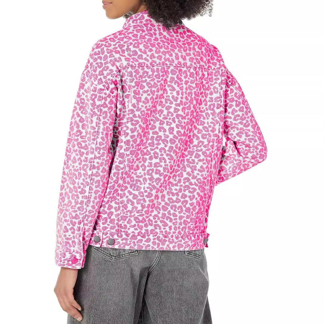 Women's Oversized Leopard Print Snap-Button Denim Jacket