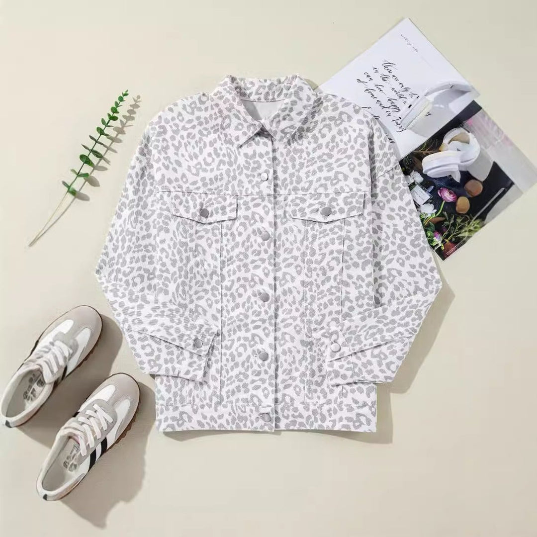 Women's Oversized Leopard Print Snap-Button Denim Jacket