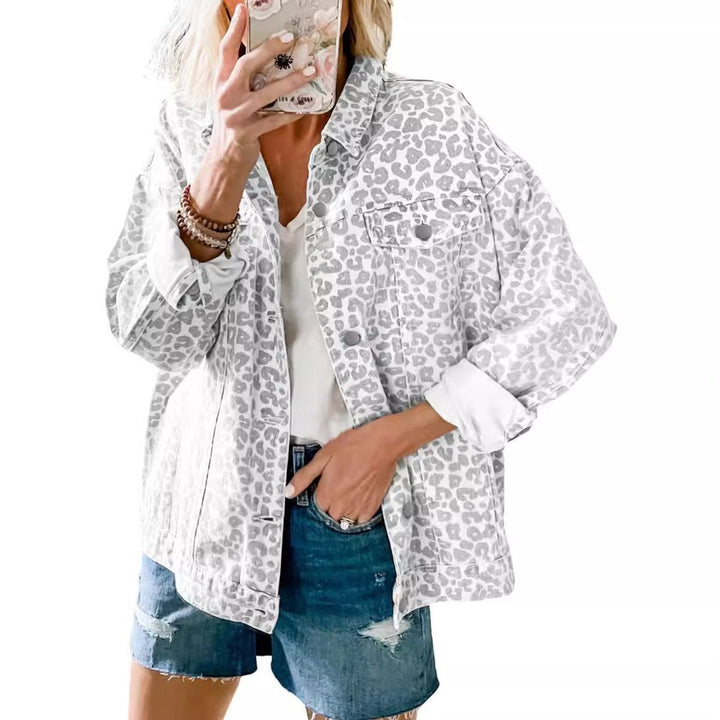 Women's Oversized Leopard Print Snap-Button Denim Jacket