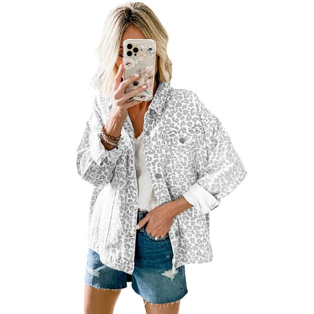 Women's Oversized Leopard Print Snap-Button Denim Jacket