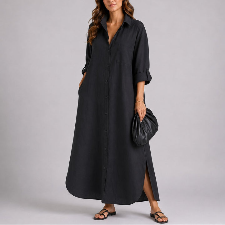 Women's Oversized Linen Button-Front Fall Wedding Guest Dress Maxi