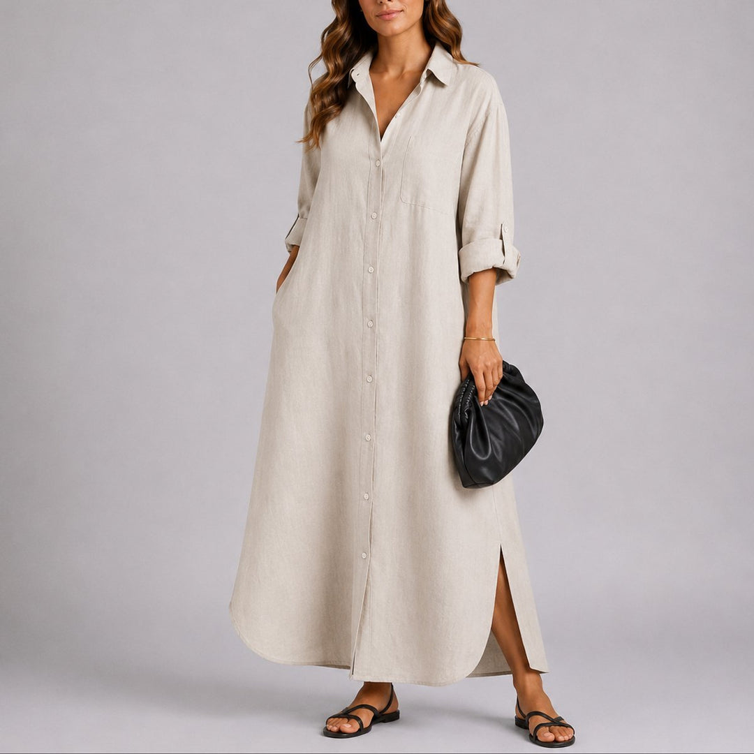 Women's Oversized Linen Button-Front Fall Wedding Guest Dress Maxi