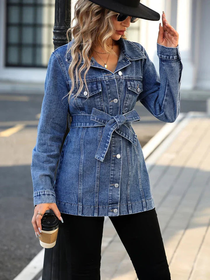 Women's Oversized Long Button-Down Denim Jacket Flap Pockets