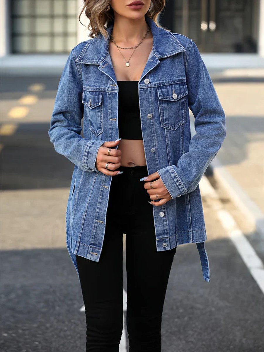 Women's Oversized Long Button-Down Denim Jacket Flap Pockets