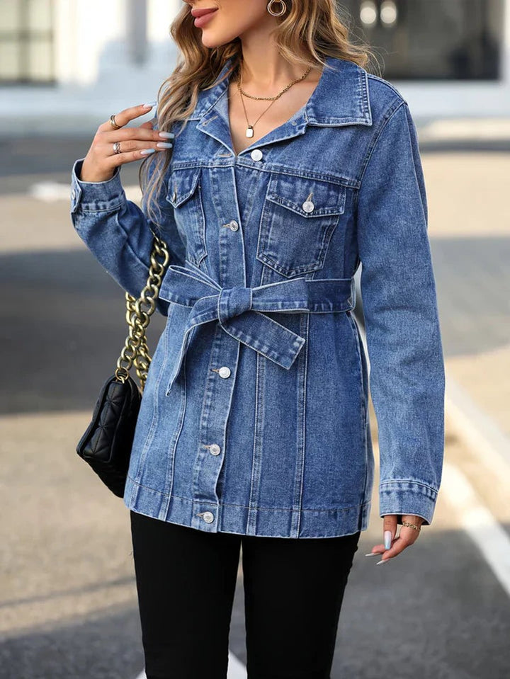Women's Oversized Long Button-Down Denim Jacket Flap Pockets