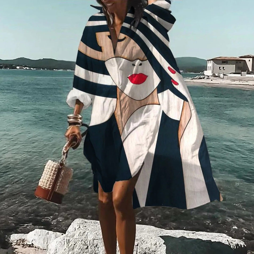 Women's Oversized Long Sleeve Printed Fall Midi Dress