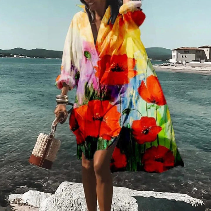 Women's Oversized Long Sleeve Printed Fall Midi Dress