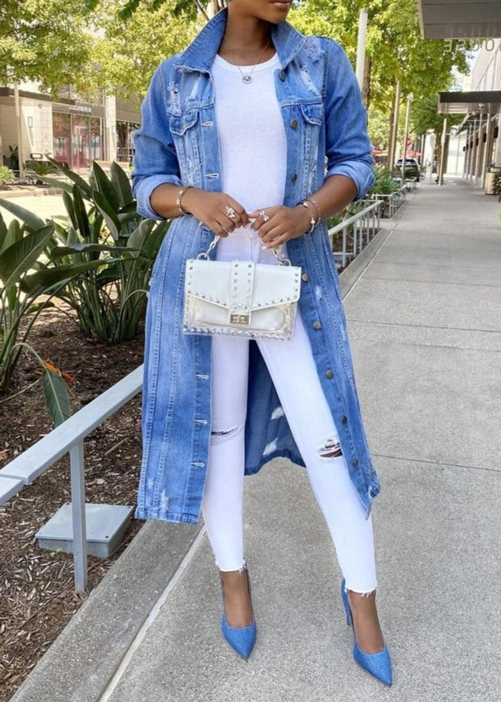 Women's Oversized Longline Button-Front Denim Jacket