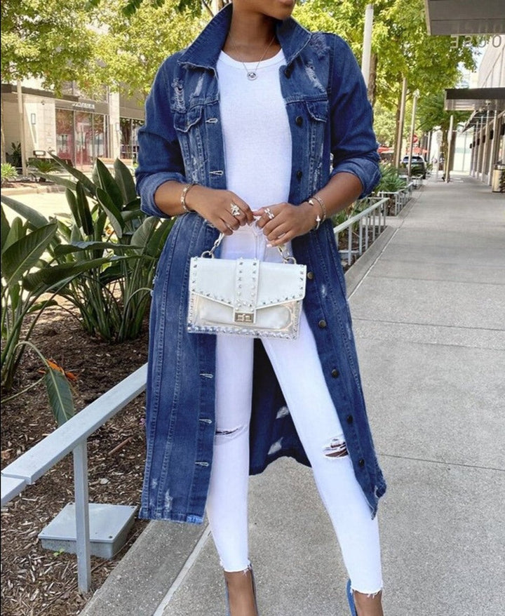 Women's Oversized Longline Button-Front Denim Jacket
