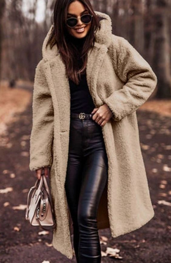 Women's Oversized Longline Hooded Faux Fur Winter Coat - Beige