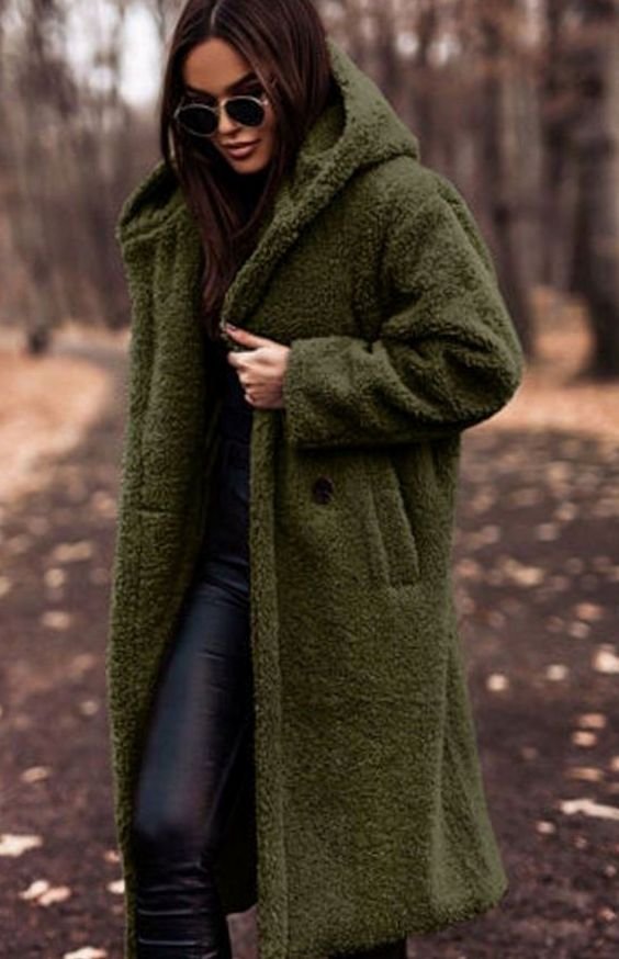 Women's Oversized Longline Hooded Faux Fur Winter Coat - Green