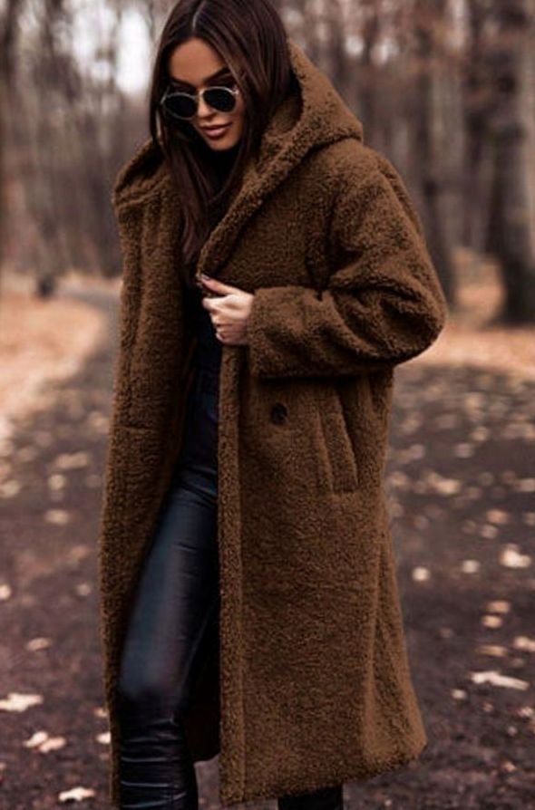 Women's Oversized Longline Hooded Faux Fur Winter Coat - Brown