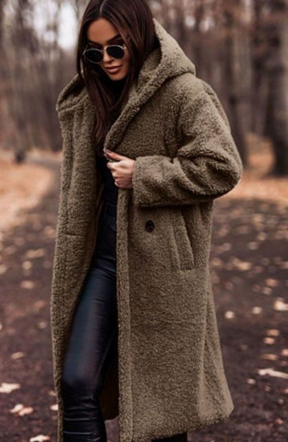 Women's Oversized Longline Hooded Faux Fur Winter Coat - Khaki