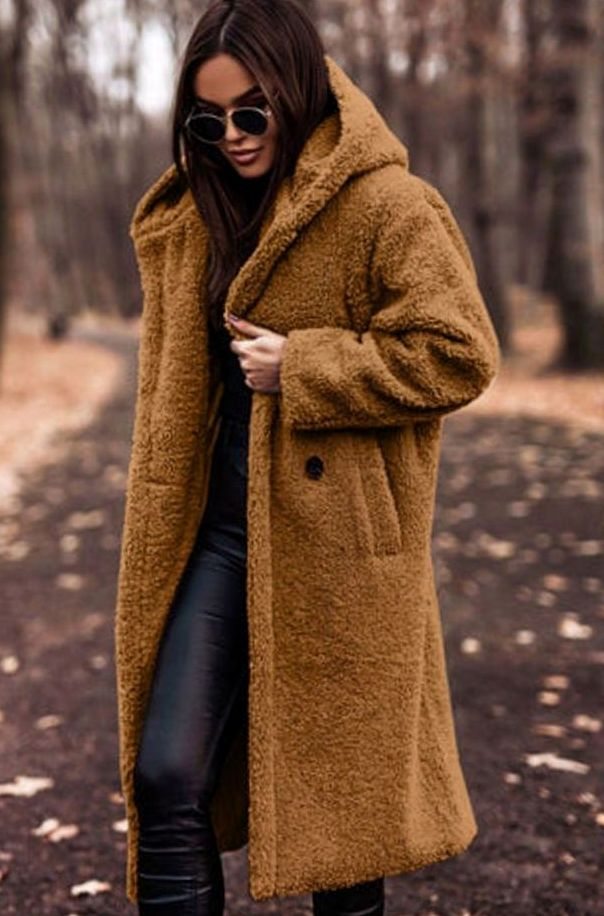 Women's Oversized Longline Hooded Faux Fur Winter Coat - Caramel