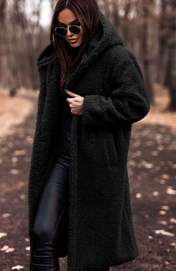 Women's Oversized Longline Hooded Faux Fur Winter Coat - Black