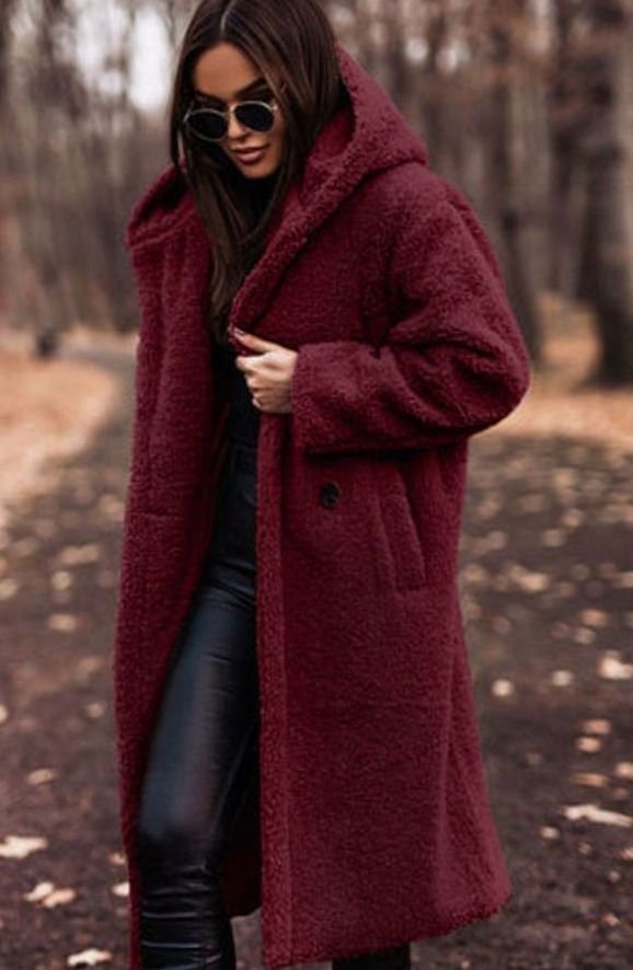 Women's Oversized Longline Hooded Faux Fur Winter Coat - Red