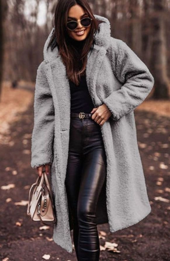 Women's Oversized Longline Hooded Faux Fur Winter Coat - Gray