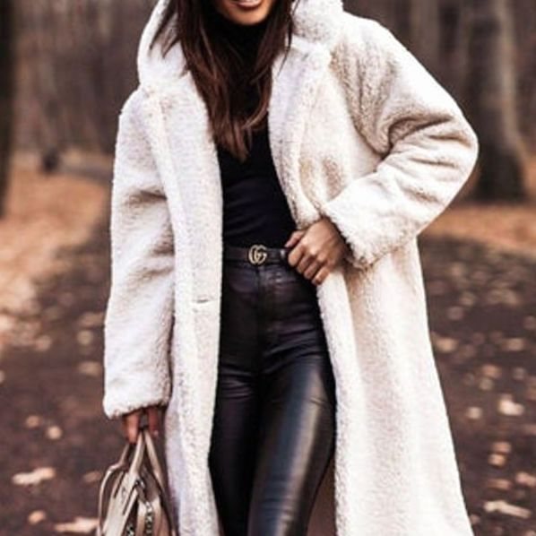 Women's Oversized Longline Hooded Faux Fur Winter Coat - White