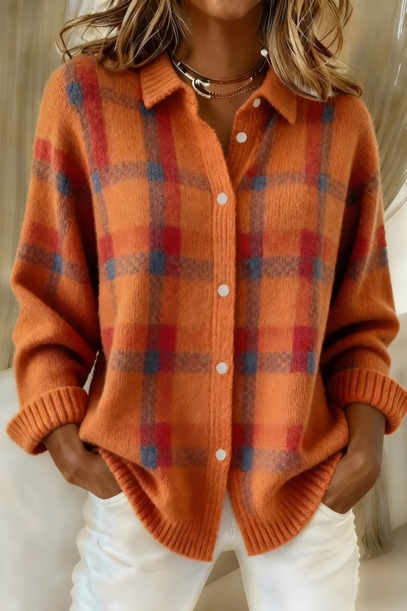 Women's Oversized Plaid Button-Up Knit Cardigan