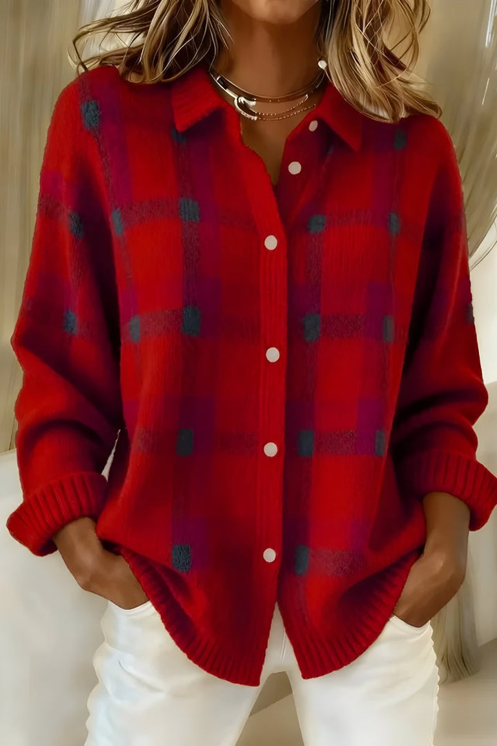 Women's Oversized Plaid Button-Up Knit Cardigan