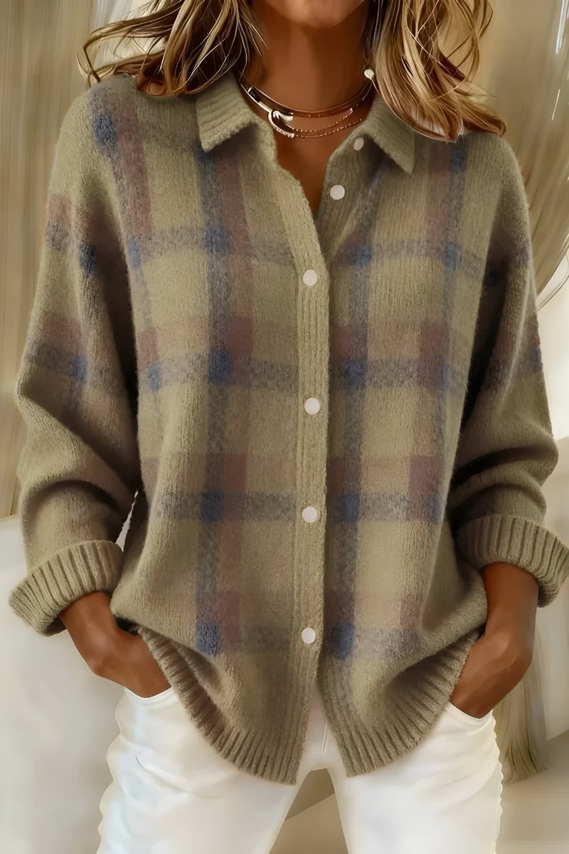 Women's Oversized Plaid Button-Up Knit Cardigan