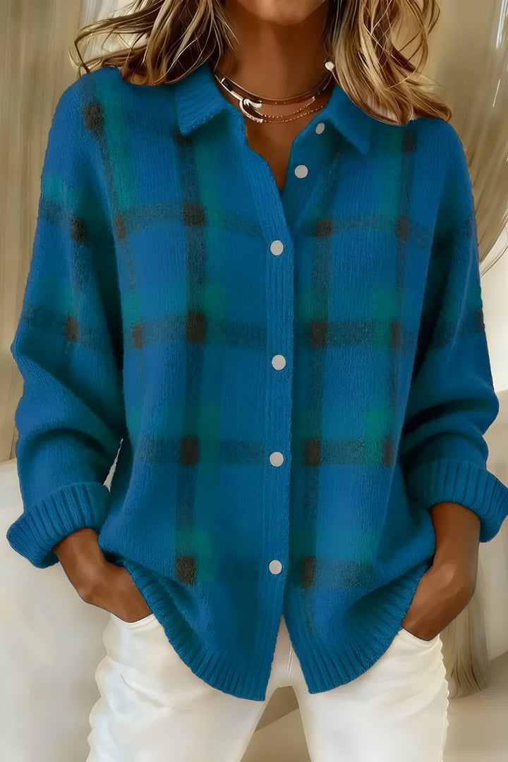 Women's Oversized Plaid Button-Up Knit Cardigan