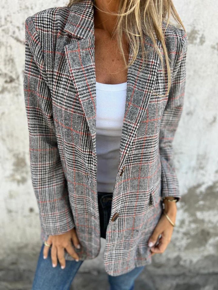Women's Oversized Plaid Long-Sleeve Lapel Blazer