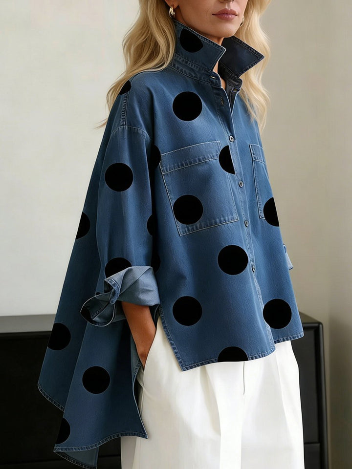 Women's Oversized Polka-Dot Long-Sleeve Denim Button-Down Shirt