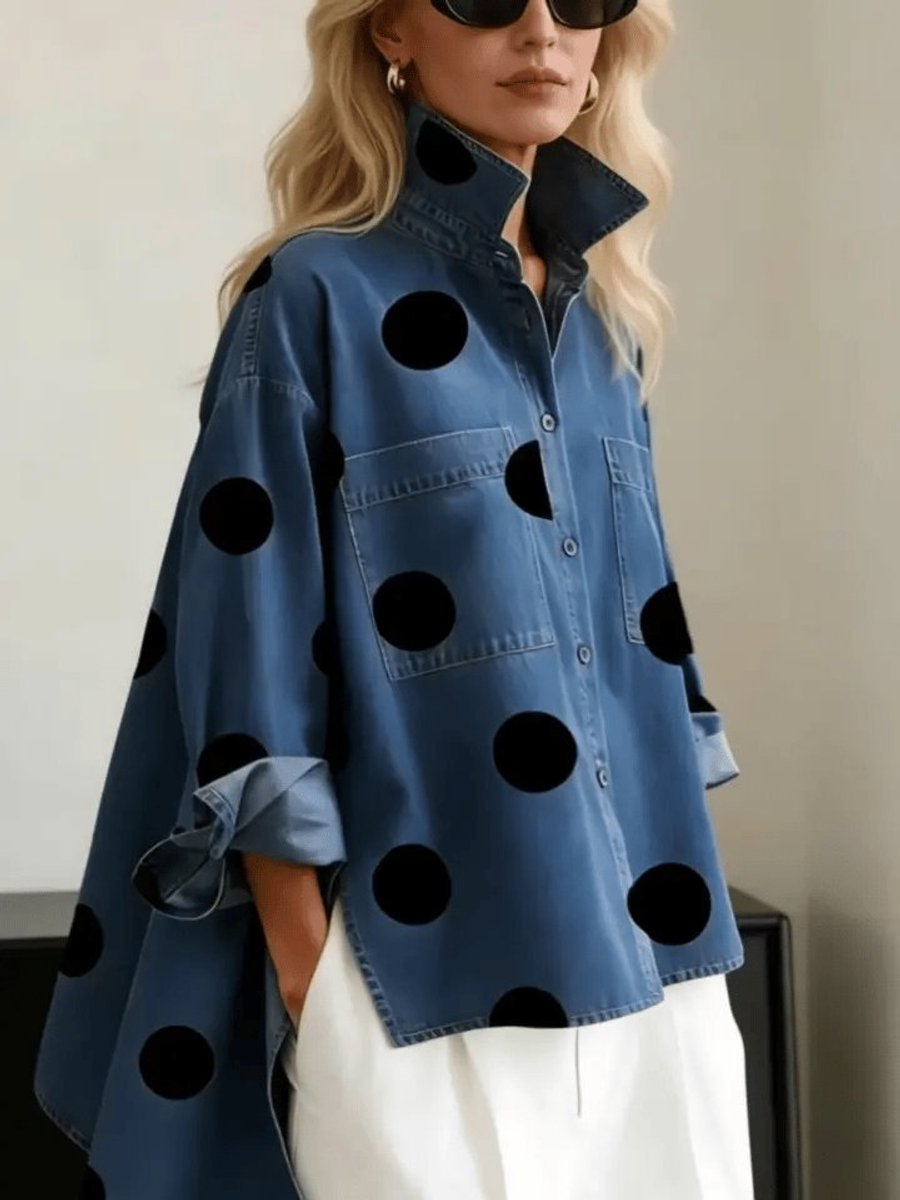 Women's Oversized Polka-Dot Long-Sleeve Denim Button-Down Shirt