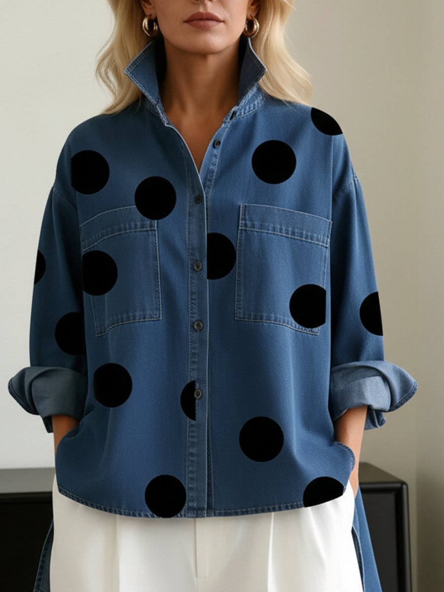 Women's Oversized Polka-Dot Long-Sleeve Denim Button-Down Shirt