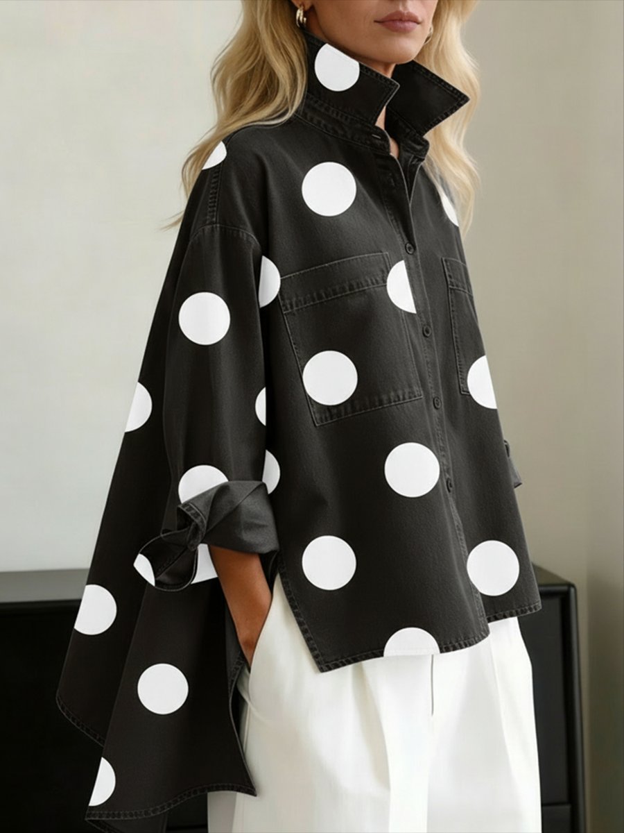 Women's Oversized Polka-Dot Long-Sleeve Denim Button-Down Shirt