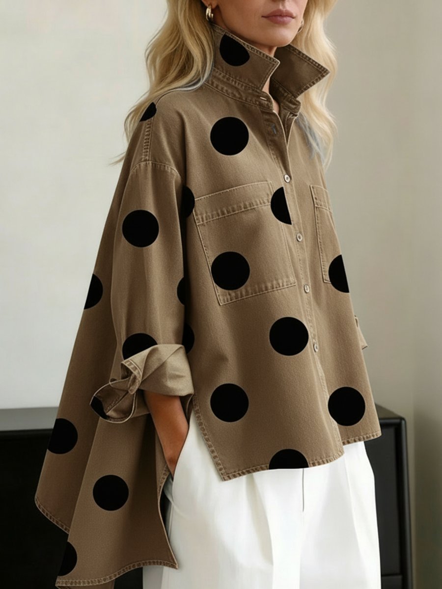Women's Oversized Polka-Dot Long-Sleeve Denim Button-Down Shirt