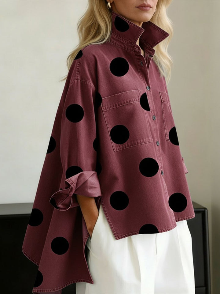 Women's Oversized Polka-Dot Long-Sleeve Denim Button-Down Shirt