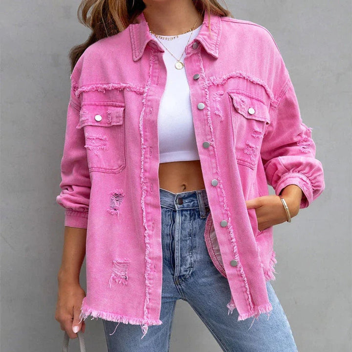 Women's Oversized Raw-Hem Distressed Denim Jacket