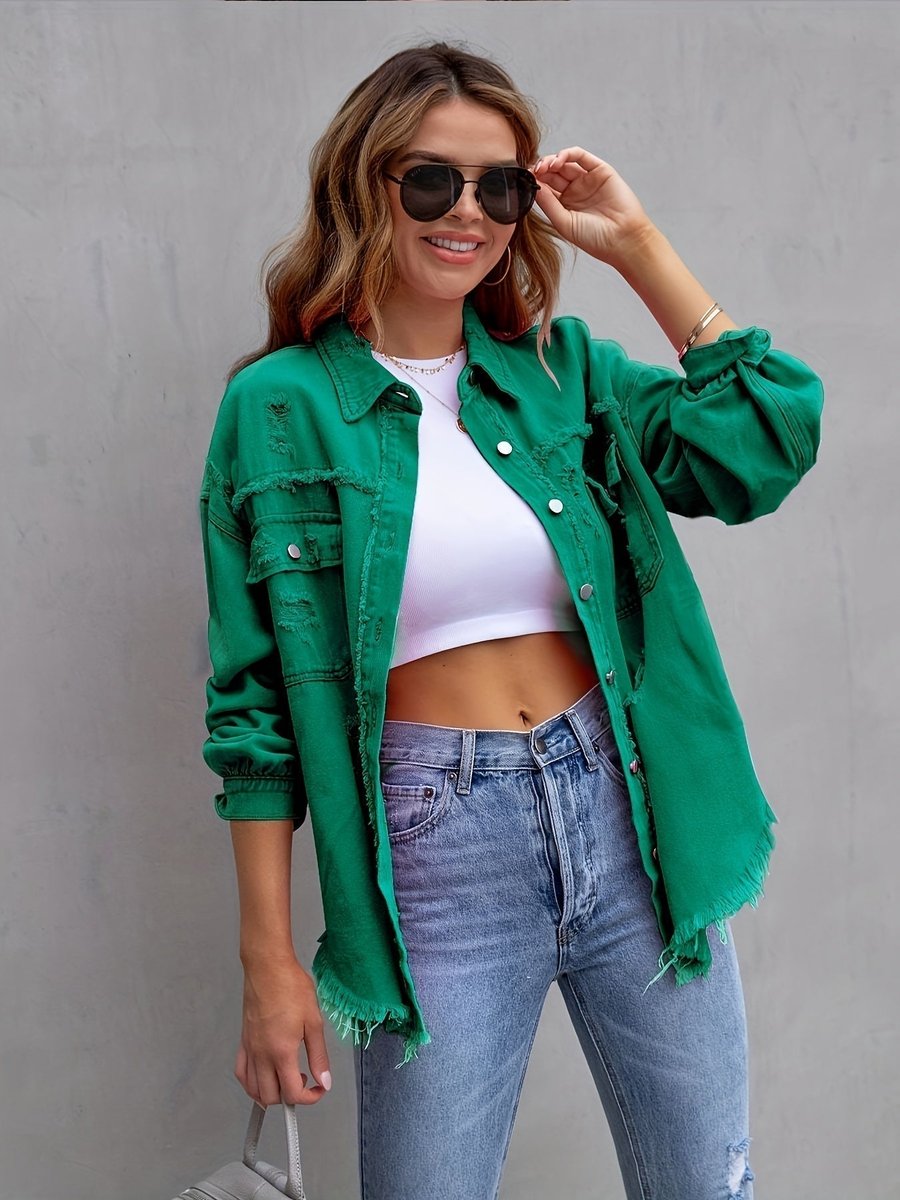 Women's Oversized Ripped Frayed-Hem Denim Jacket