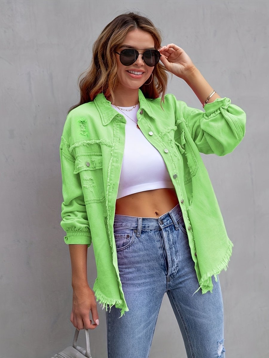 Women's Oversized Ripped Frayed-Hem Denim Jacket