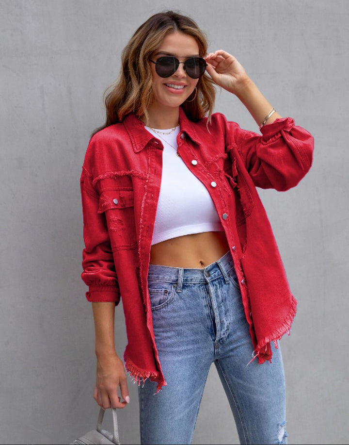 Women's Oversized Ripped Frayed-Hem Denim Jacket